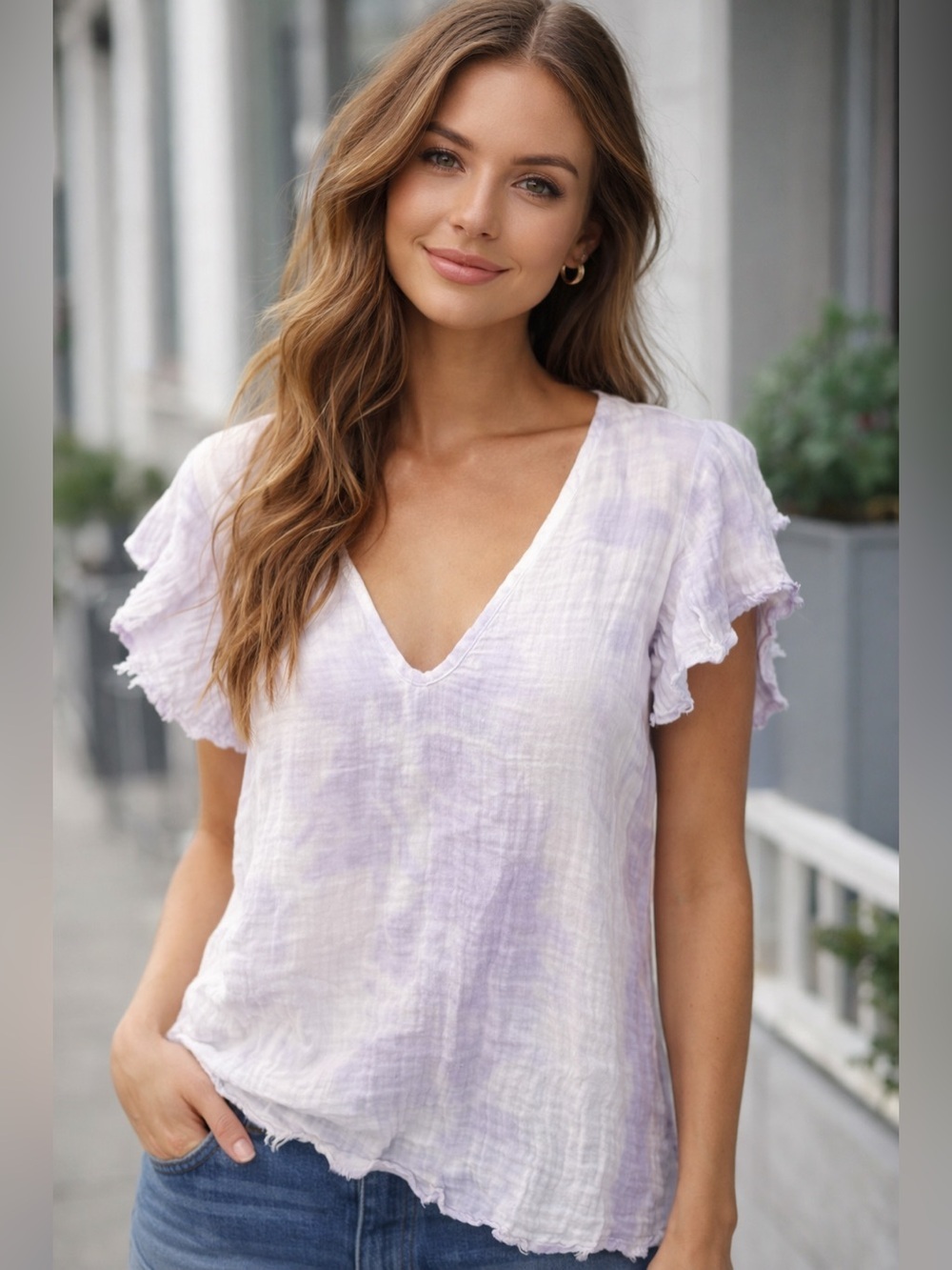 Stark X Anthropologie Women's XS Purple Tie Dye Flutter Sleeve Top with Raw Hems